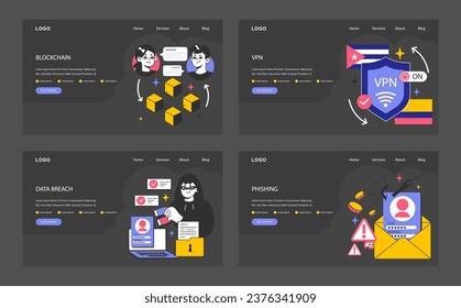 Data privacy web banner or landing page dark or night mode. Cyber or web security. Database safety. Protection of the internet access and anonymity. Malware prevention. Flat vector illustration