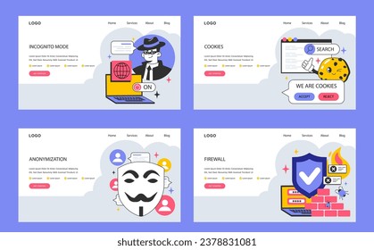 Data privacy web banner or landing page. Cyber or web security. Database safety. Protection of the internet access and anonymity. Cyber attack or malware prevention. Flat vector illustration