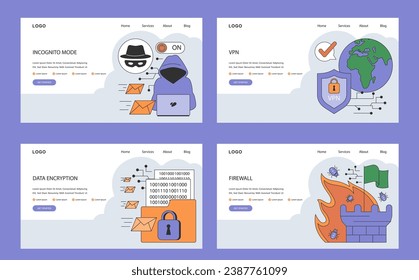 Data privacy web banner or landing page. Cyber or web security. Database safety. Protection of the internet access and anonymity. Cyber attack or malware prevention. Flat vector illustration