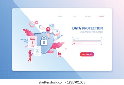 Data privacy web site landing page with flat icons clickable links editable text login and password vector illustration