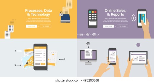 Data, Processes, Technology & Mobile payment. Web banners collection in flat design style with vector illustrations.