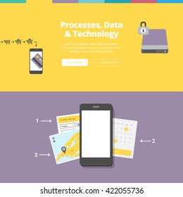 Data, Processes & Technology. Website banners collection with flat design illustrations.