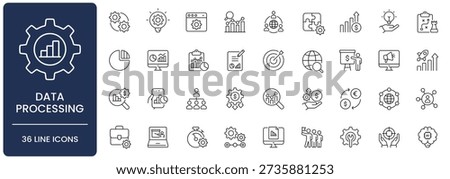 Data Processing and Analytics Line Icon Set. Collection of analysis, statistics, database, algorithm, optimization, information, digital, chart, graph, Outline, Editable Stroke, Vector illustration.