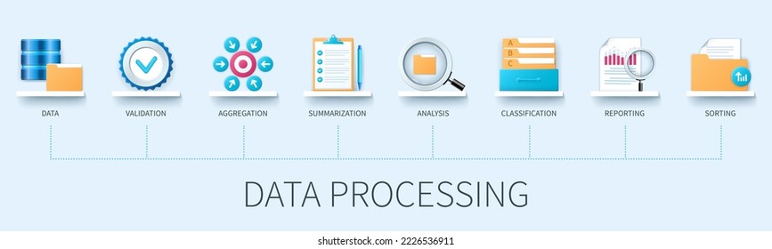 Cartel de procesamiento de datos con iconos. Datos, validación, agregación, resumen, análisis, clasificación, clasificación, notificación. Concepto de negocio. Infografía vectorial web en estilo 3D