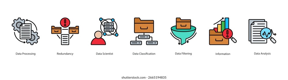 Processamento de dados banner web icon set vetorial illustration concept with icon of data processing, redundancy, science, classification, filtering, information, analysis (ícone de ilustração de vetor com ícone de processamento de dados, redundância, cientista, classificação, filtragem, informações, análise)