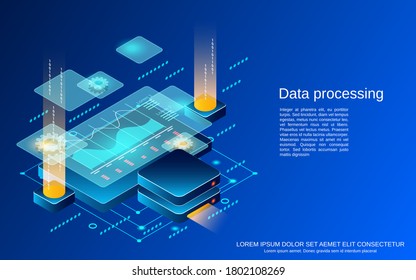 Data processing, big data analysis flat 3d isometric vector concept illustration