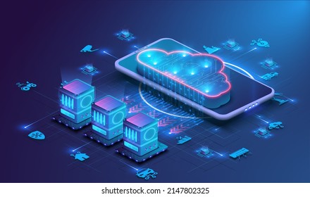 Data processing center, cloud computing technologies. Connecting server farm to the Internet. Isometric server Room and Big Data Processing Concept, Cloud Data Processing Center. Vector illustration