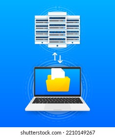 Data Processing Center. Connecting the server farm to the computer with files. Abstract digital storage. Database concept. Vector illustration.