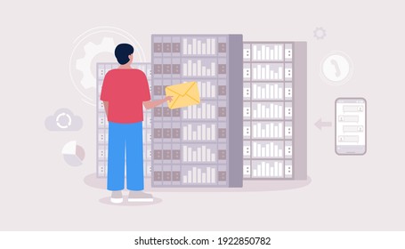 Data processing center. Young man working in server room. Colorful flat vector illustration.