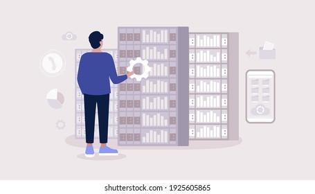 Data processing center. Young man working in server room. Colorful flat vector illustration.