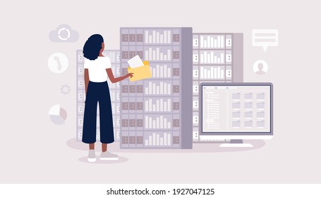 Data processing center. Young woman working in server room. Colorful flat vector illustration.