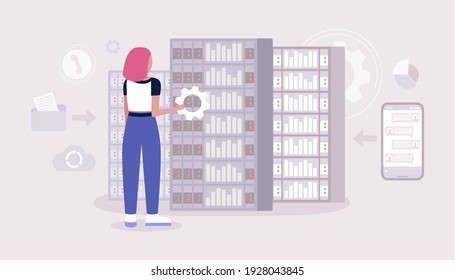 Centro de procesamiento de datos. Joven trabajando en una sala de servidores. Ilustración de vector plana colorida.