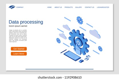 Data processing, cloud computing flat 3d isometric concept illustration. Website landing page vector template