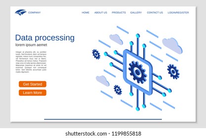 Data processing, cloud computing flat 3d isometric concept illustration. Website landing page vector template
