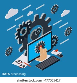 Data processing, cloud computing, network flat isometric vector concept illustration