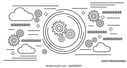 Data processing, cloud computing thin line art style vector concept illustration