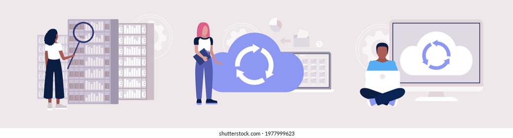 Data processing and cloud data storage concept. Colorful flat vector illustration.