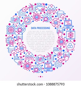 Data Processing Concept In Circle With Thin Line Icons: Data Science, Filtering, Deep Learning, Mobile Syncing, Big Data, Tracking, Cloud Database. Modern Vector Illustration For Banner, Print Media.