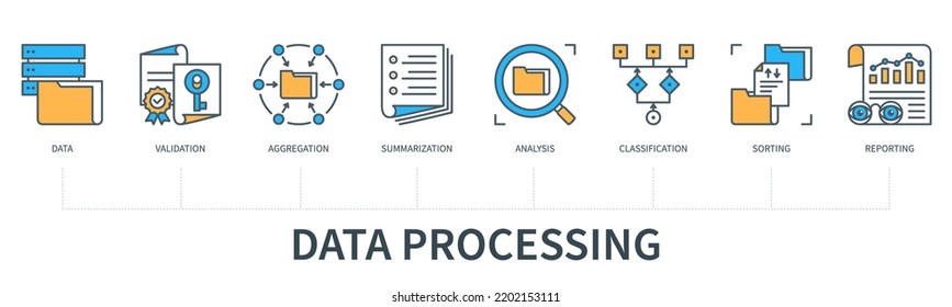 Concepto de procesamiento de datos con iconos. Datos, validación, agregación, resumen, análisis, clasificación, clasificación, notificación. Cartel comercial. Infografía vectorial web con un estilo mínimo de línea plana