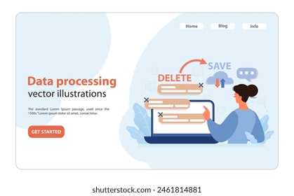 Data processing concept. A woman digitally organizes information, selecting options to save or delete, optimizing content for efficient management. Enhancing online workflow. Flat vector illustration