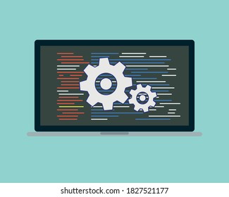 Data processing conceptual template, programming, coding, vector illustration laptop with gears, coding, analytics, programming