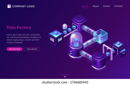 Data processing factory, isometric technology concept vector. Server with glass dome and virtual object, conveyor belt with transporting data, ultraviolet landing web page with blue neon icons
