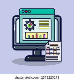 Data processing icon. Digital financial report concept on lineal color style. Business data, income report isolated on premium design. Flat cartoon vector illustration.