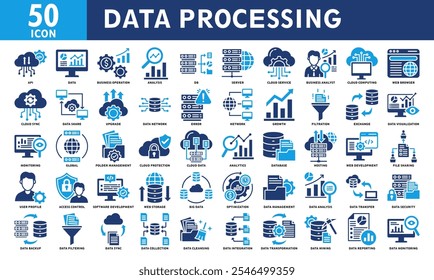 Conjunto De Ícones De Processamento De Dados. Vetor de Preenchimento de Cor Simples