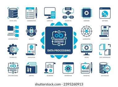 Symbol für Datenverarbeitung eingestellt. Daten, Validierung, Aggregation, Zusammenfassung, Datenanalyse, Klassifizierung, Überprüfung, Berichterstattung. Duotone-Farbsymbole