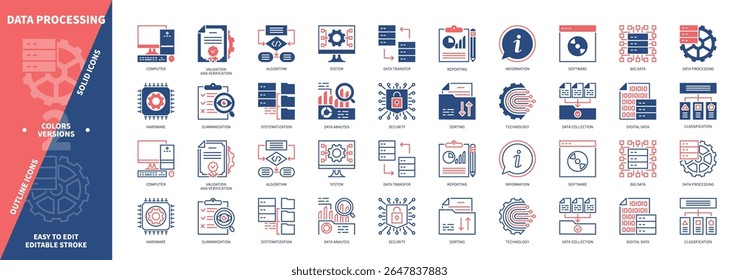 Conjunto de ícones de Processamento de Dados. Dados, Validação, Agregação, Classificação, Análise De Dados, Classificação, Verificação, Relatórios. Ícones de contorno sólido e editável de cor duotônica
