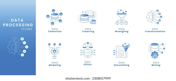 Iconos de procesamiento de datos. Minería, Recolección, Limpieza, Arreglo, Transformación, Modelado, Narración de Historias.