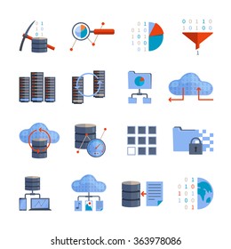 Data processing and information analytics flat color icons set isolated vector illustration