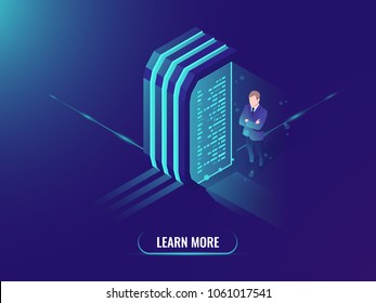 Data Processing And Information Management, Data Science Concept Isometric Vector, Server Room, Dark Neon Background