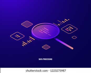 Data Processing Isometric Icon, Business Analytics And Statistics, Magnifying Glass, Data Visualization, Infographic Dark Neon Vector