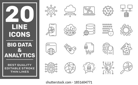 Data Processing line vector icon set. Contains such icons as Big Data, Data Analytics, Data Collection, Cloud Computing, Machine Learning, Security System. Editable Stroke. EPS 10