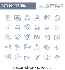 Data processing, manipulation, conversion and filtration  - simple outline icon set. Editable strokes and Layered (each icon is on its own layer with proper name) to enhance your design workflow.