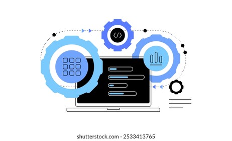 Processamento de dados, programação e trabalho digital. Computação e desenvolvimento. Ilustração plana. Arquivo vetorial.