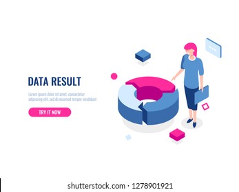 Data processing result isometric, business analysis and report, young woman with document folder in hand, accounting and management, flat vector illustration