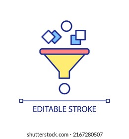 Data processing RGB color icon. Filter information. Info input and output. Select and remove. Isolated vector illustration. Simple filled line drawing. Editable stroke. Arial font used