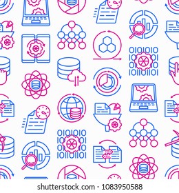 Data processing seamless pattern with thin line icons: data science, filtering, deep learning, mobile syncing, big data, modeling API, usage, tracking, cloud database. Modern vector illustration.