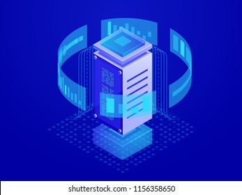 Data processing, server equipment, cloud data storage, cryptography and data protection, Analytics and statistics of digital data isometric vector illustration