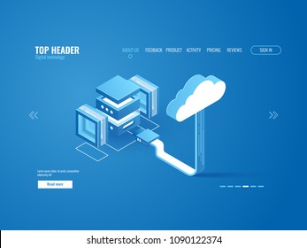 Data processing, server room connection with cloud storage warehouse, digital information copy, data center, database isometric vector