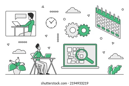 Data processing software. Information analysis workflow, collecting info vector monocolor illustration