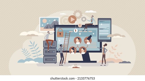 Data processing, sorting and cleansing cloud server tiny person concept. Manual or automatic computer data system optimization with old files deleting and logic folder arrangement vector illustration.