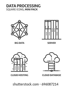 Data processing, square mini icon set. The illustrations are a vector, editable stroke, thirty-two by thirty-two matrix grid, pixel perfect files. Crafted with precision and eye for quality.