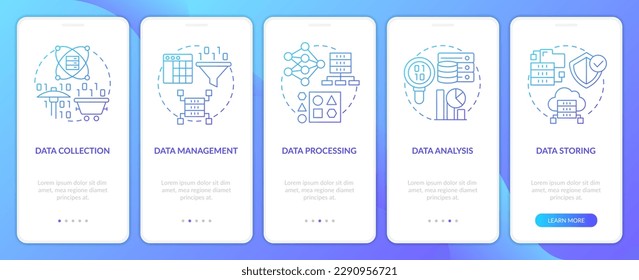 Data processing stages blue gradient onboarding mobile app screen. Technology walkthrough 5 steps graphic instructions with linear concepts. UI, UX, GUI template. Myriad Pro-Bold, Regular fonts used