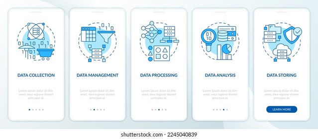Die Datenverarbeitung erfolgt über einen blauen Onboarding Mobile App Bildschirm. Die Technologie führt in 5 Schritten bearbeitbare grafische Anleitungen mit linearen Konzepten durch. UI, UX, GUI-Vorlage. Myriad Pro-kühne, Standardschriftarten verwendet