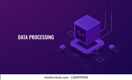 Data processing unit, isometric icon of database, server room rack, vector illustration