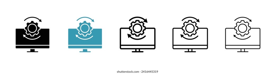 Data Processing Vector Icon Set. Laptop and cog file statistics share automation vector symbol for Ui Designs.