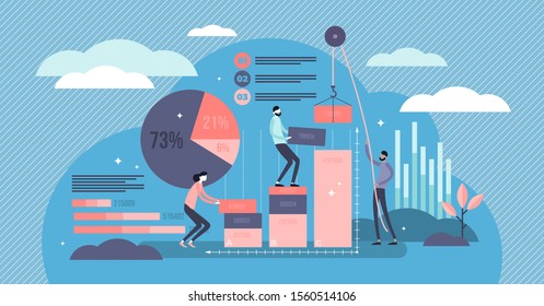 Data processing vector illustration. Flat tiny information work persons concept. Creative visualization with percentage reading job. Statistics development and database documents analysis process.